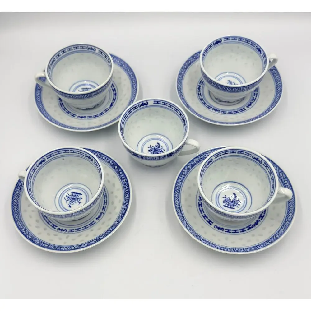 Jingdezhen Rice Eye Grain Cups & Saucers Blue & White Porcelain 9pc Set